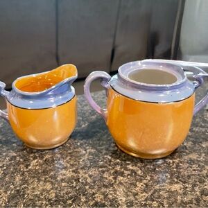Vintage Lusterware Cream and Sugar Set Orange Lavender Pearl